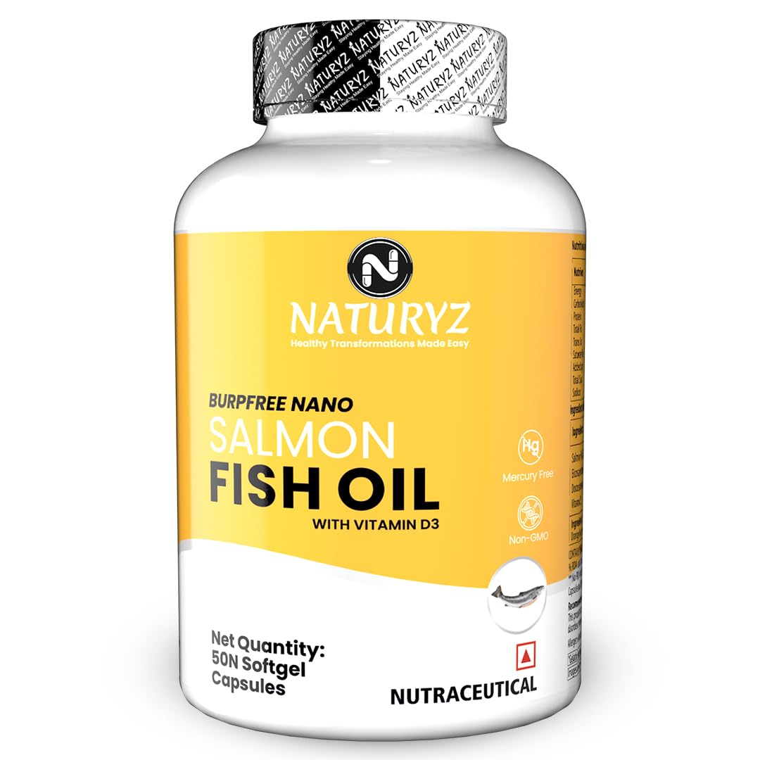 Naturyz Burp Free Salmon Fish Oil 2000 mg + Vitamin D3 x 50 Softgel Capsules.