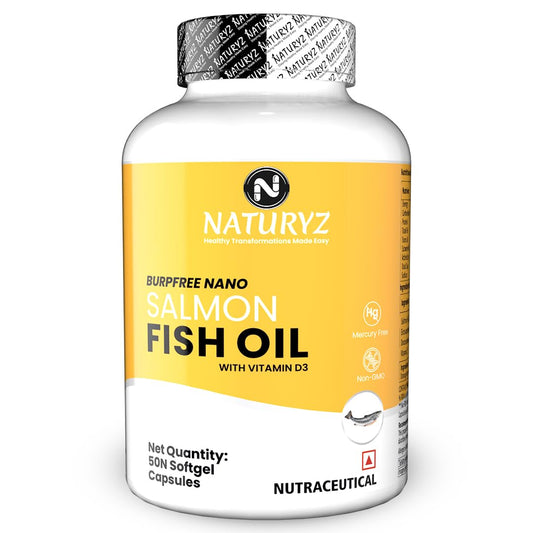 Naturyz Burp Free Salmon Fish Oil 2000 mg + Vitamin D3 x 50 Softgel Capsules.