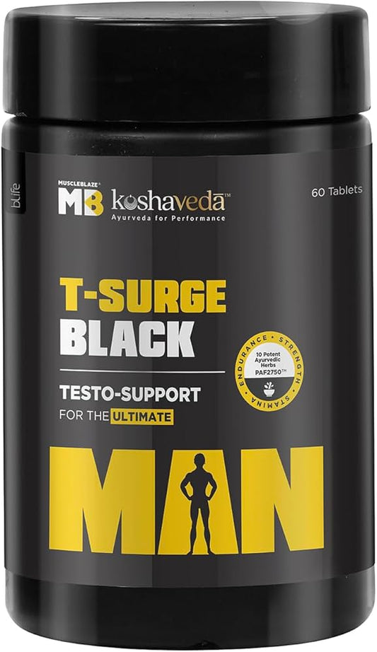 Muscleblaze T-Surge Black, Testosterone Booster for Men 60 Tablets (Ashwagandha Shilajit Kawach Safed Musli Gokhru Fenugreek Vidarikand)