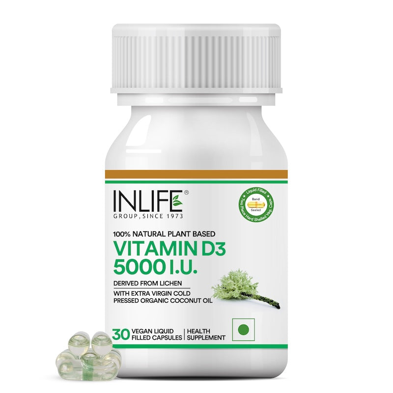 Inlife Plant Based Vitamin D3 from Lichen, 5000 IU - 30 Vegetarian Capsules.