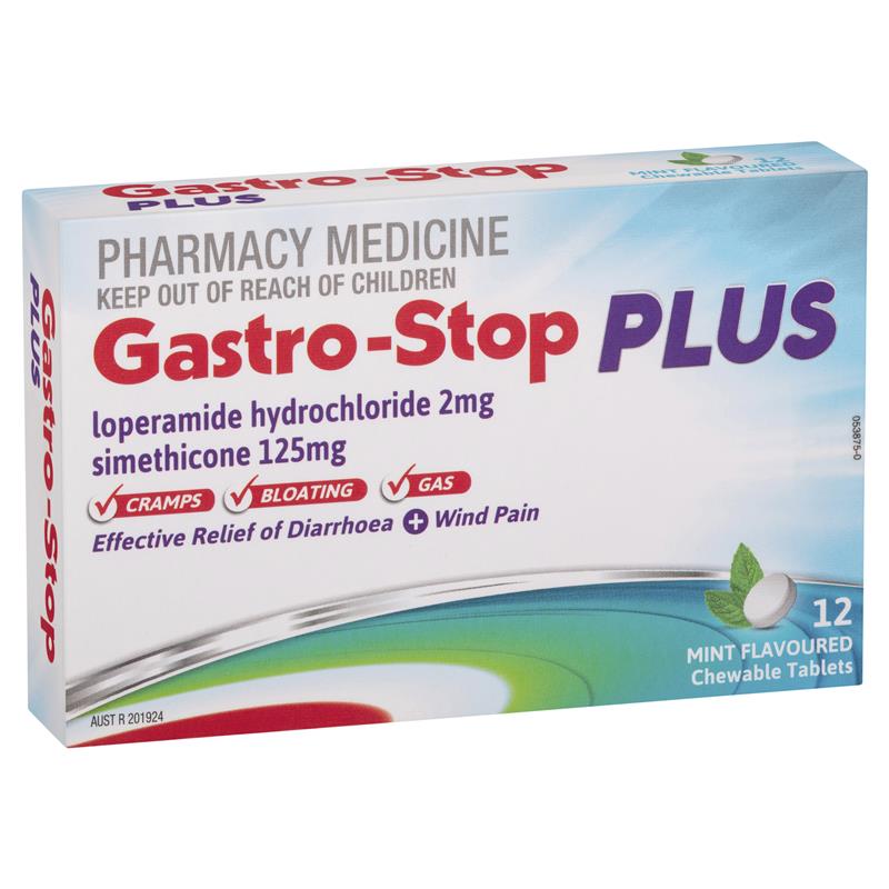 GastroStop Plus 12 Chewable Tablets (Loperamide hydrochloride 2 mg, simethicone 125 mg.)