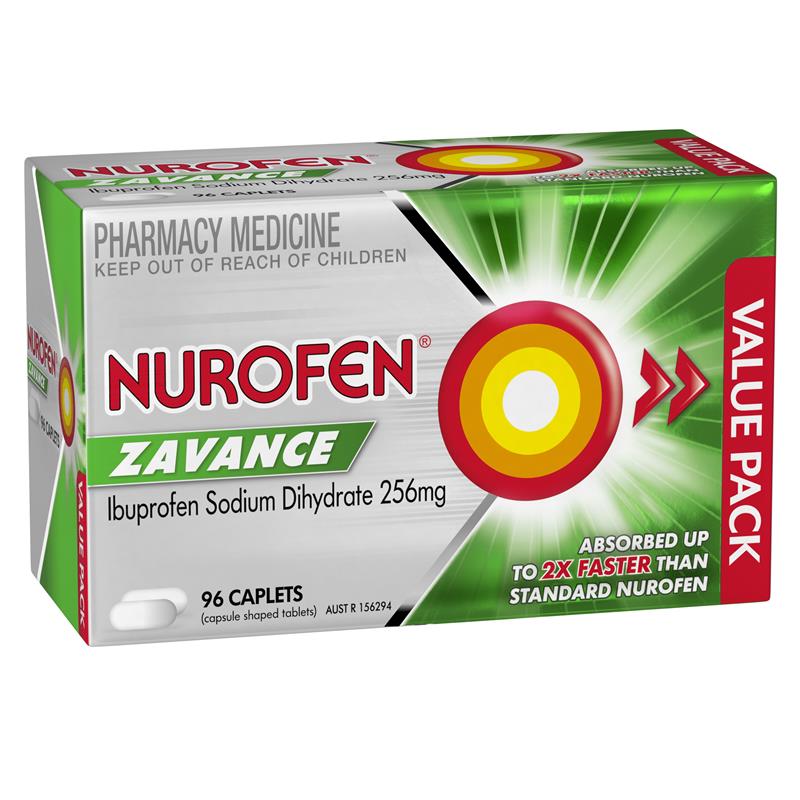 Nurofen Zavance (Ibuprofen) 256mg 96 Caplets (Capsule Shaped Tablets).