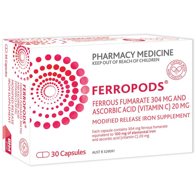 Ferropods Iron & Vitamin C 30 Capsules.