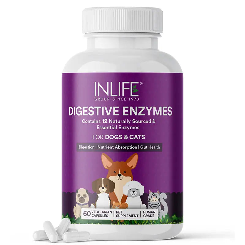 Inlife Digestive Enzymes for Dogs Cats | 12 Naturally Sourced & Essential Enzymes | 60 Veg. Capsules.