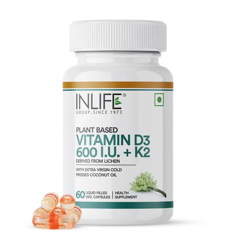 Inlife Plant Based Vitamin D3 K2 Supplement, Lichen Source, 600 IU | 60 Veg. Capsules.