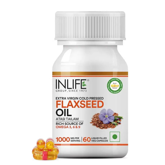 Inlife Flaxseed Oil Omega 3, 6, 9 Fatty Acids Supplement | 500mg | 60 Veg. Capsules.
