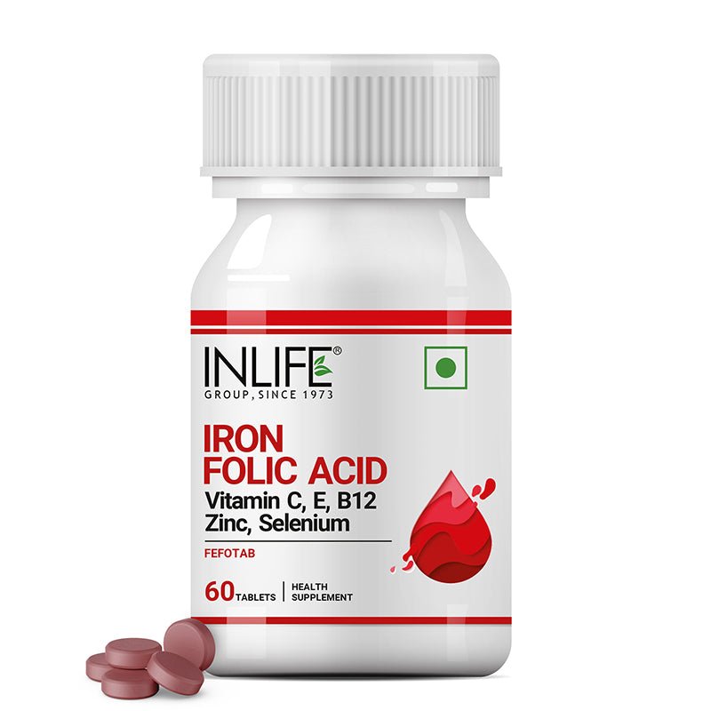 Inlife Chelated Iron Folic Acid Supplement with Vitamin C, E, B12, Zinc & Selenium | 60 Tablets.