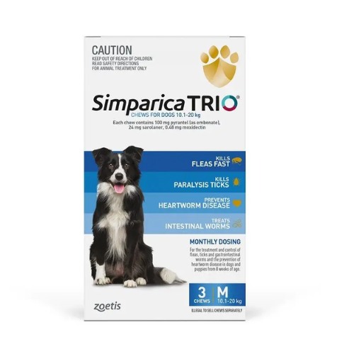Simparica TRIO Blue Flea, Tick & Worm Chews 10.1-20kg Medium Size Dogs.