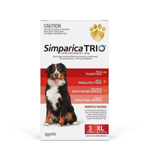 Simparica TRIO Red Flea, Tick & Worm Chews 40.1-60kg X-Large Dogs.