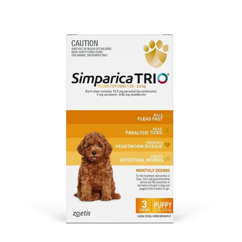 Simparica TRIO Yellow Flea, Tick & Worm Chews 1.25-2.5kg Dog Puppy.