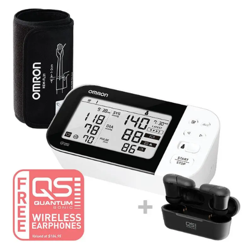 Omron HEM7361T Blood Pressure + AFIB Monitor Bluetooth + Bonus Quantum Sonic QSE100 Wireless Earphones.